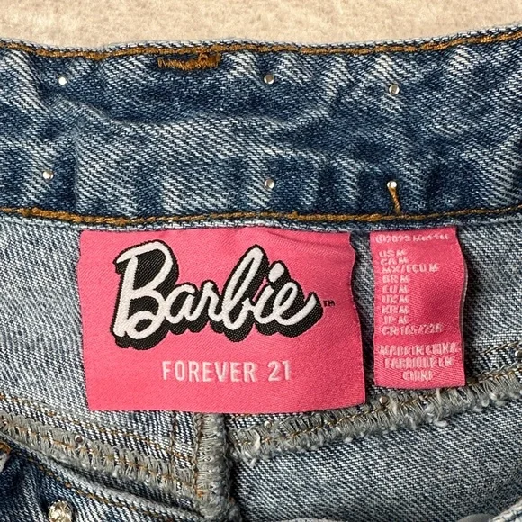 Barbie - Forever21 Blue Jean Shorts with Pink Logo - Bedazzled Gemstone Waist - Picture 2 of 8